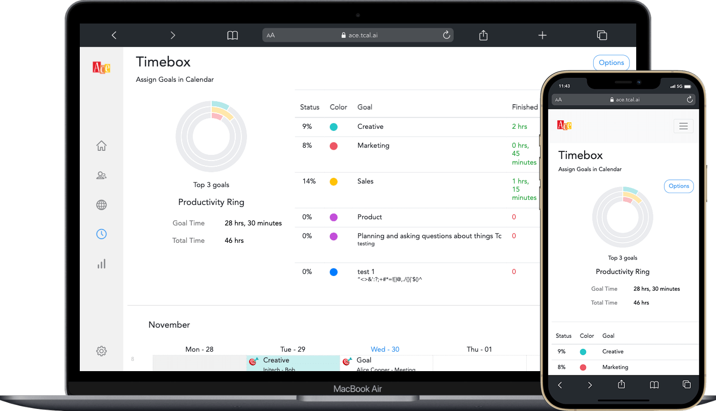 screenshot of the timebox web-app with productivity ring
