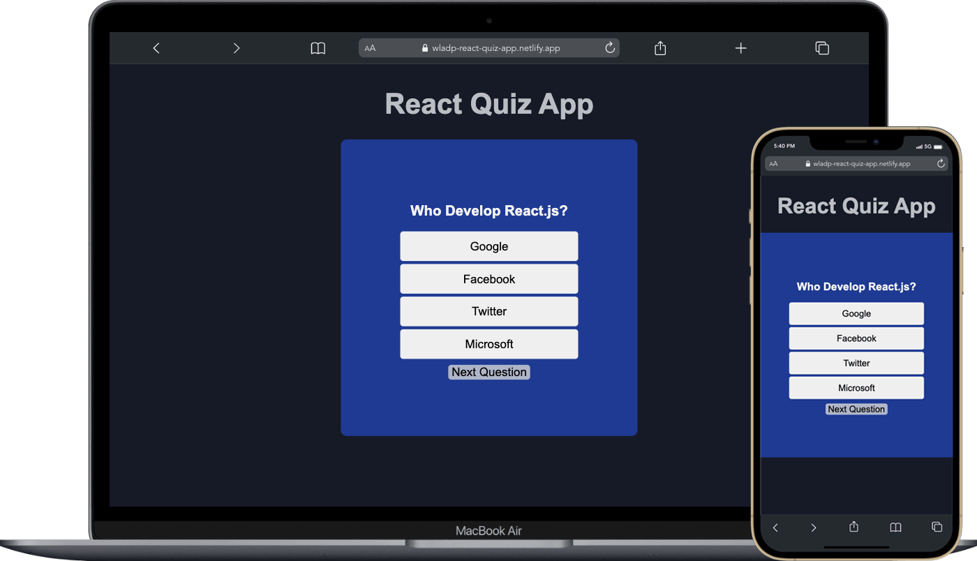 screenshot of my React quiz web-app